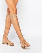 Daisy Street Lace Up Gladiator Flat Sandals - Beige