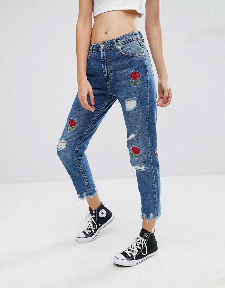 Pull & Bear Mom Jean With Rose Embroidery - Blue