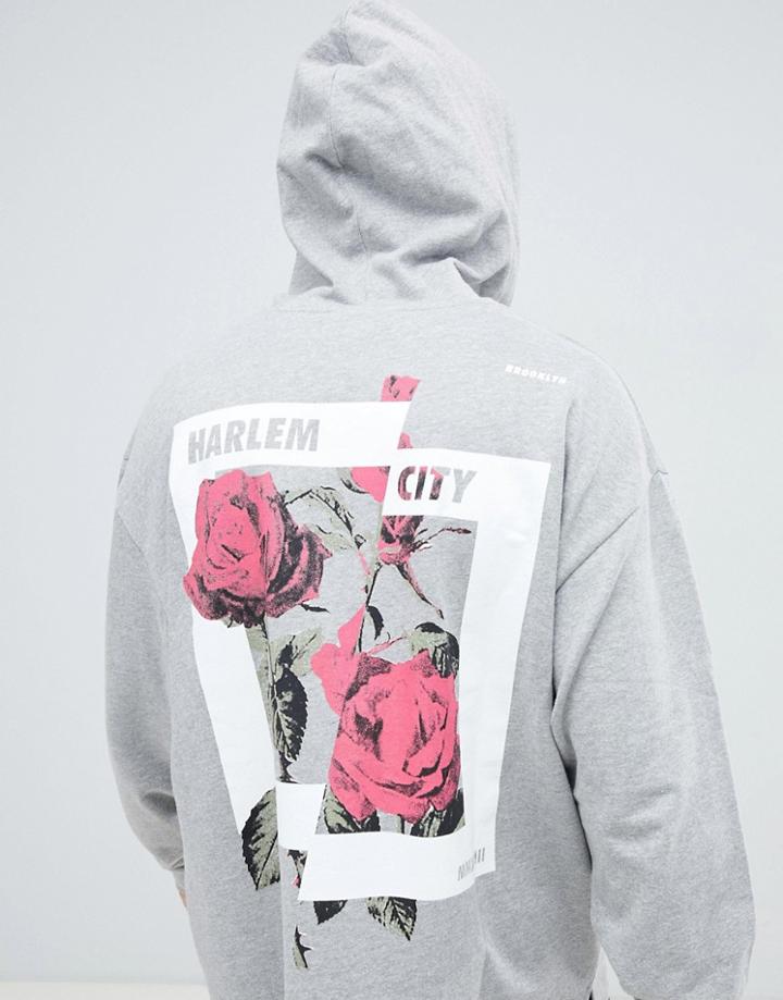 Asos Design Oversized Hoodie With Floral Back Print In Gray - Gray