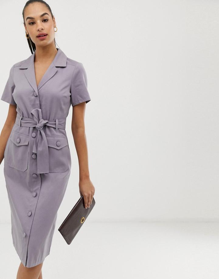 Asos Design Utility Midi Shirt Dress In Twill - Purple