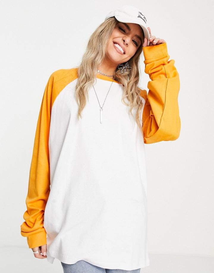 Topshop Baseball Oversized Long Sleeve Tee In Orange-white