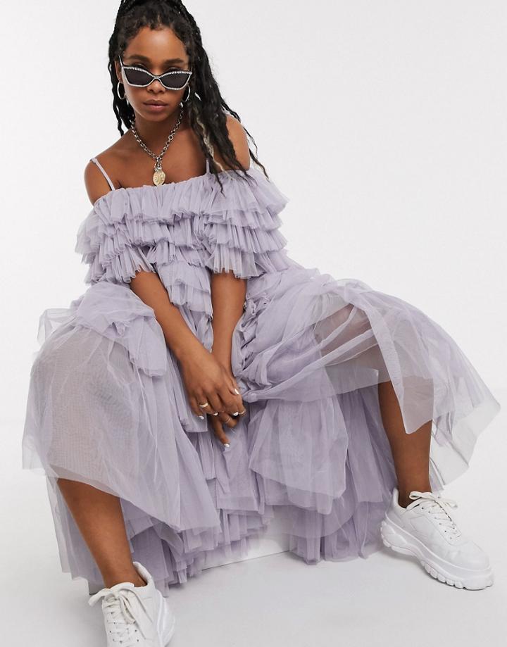 Lace & Beads Layered Tulle Bardot Maxi Dress In Lilac