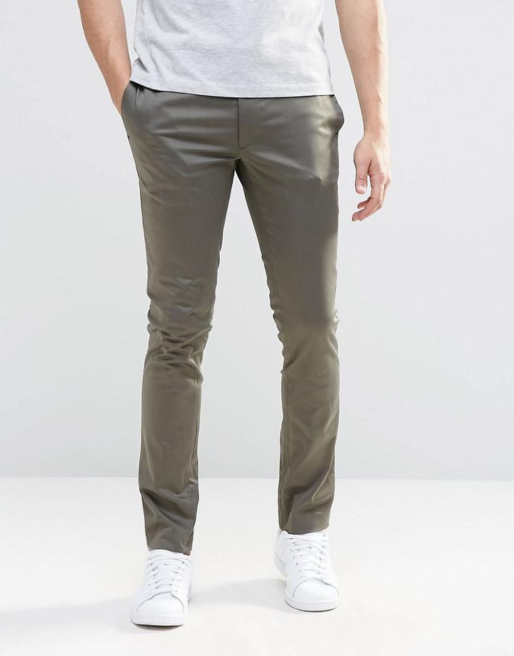 Asos Super Skinny Pants In Cotton Sateen In Khaki - Forest Night