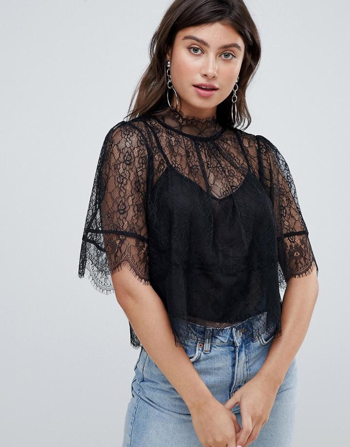 Mango Lace High Neck Top - Black