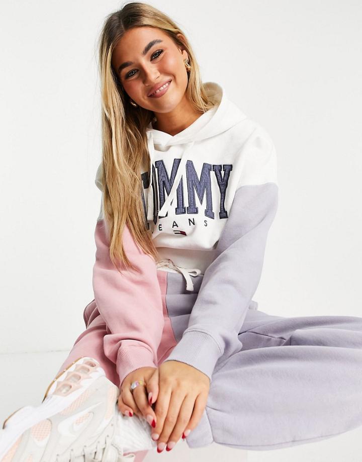 Tommy Jeans Collegiate Logo Color Block Hoodie In Ivory - Part Of A Set-white