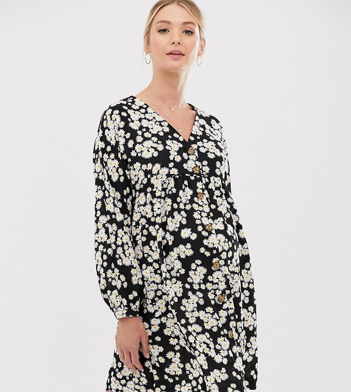 New Look Maternity Button Through Smock Dress In Ditsy Floral-black