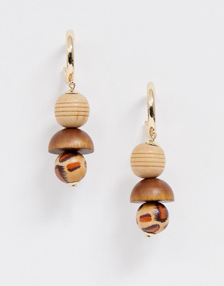 Asos Design Hoop Earrings With Wooden Ball And Leopard Print Design In Gold Tone - Gold