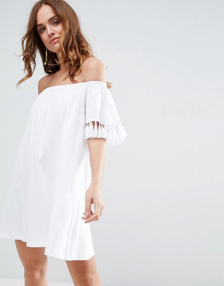 Asos Off Shoulder Sundress With Tassel Detail - White