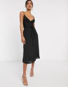 Asos Design Cami Wrap Midi Dress With Tie Waist-black
