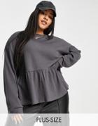 Asos Design Curve Waffle Smock Top With Blouson Sleeve In Charcoal-grey