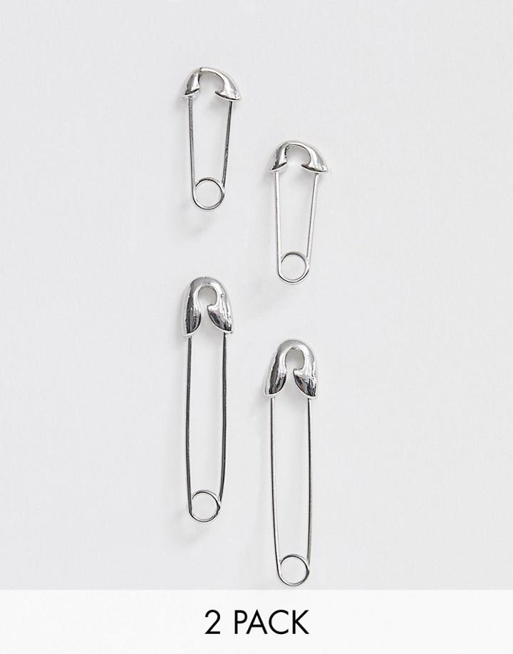 Asos Design Pack Of 2 Earrings In Safety Pin Design In Silver Tone - Silver