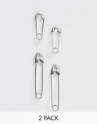 Asos Design Pack Of 2 Earrings In Safety Pin Design In Silver Tone - Silver