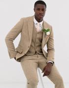Asos Design Wedding Slim Suit Jacket In 100% Wool Harris Tweed In Camel-beige
