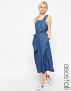 Asos Tall Denim Belted Midi Dress In Mid Wash - Blue