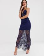Love Triangle Plunge Front Maxi Dress With Eyelash Lace Train In Navy - Navy
