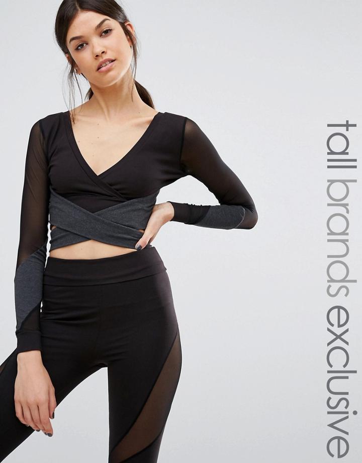 Quontum Tall Plunge Long Sleeve Mesh Detail Crop Top