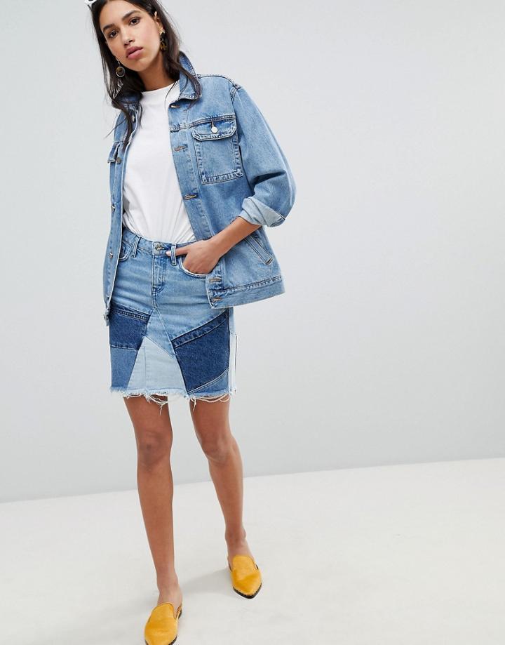River Island Deconstructed Patchwork Denim Mini Skirt-blue