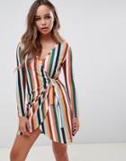 Asos Design Multi Stripe Jersey Crepe Mini Wrap Dress - Multi
