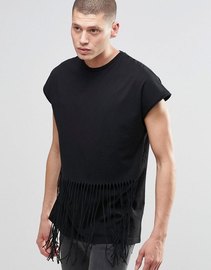 Asos Oversized Sleeveless T-shirt With Fringing In Black - Acid Wash Gray