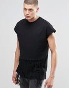 Asos Oversized Sleeveless T-shirt With Fringing In Black - Acid Wash Gray