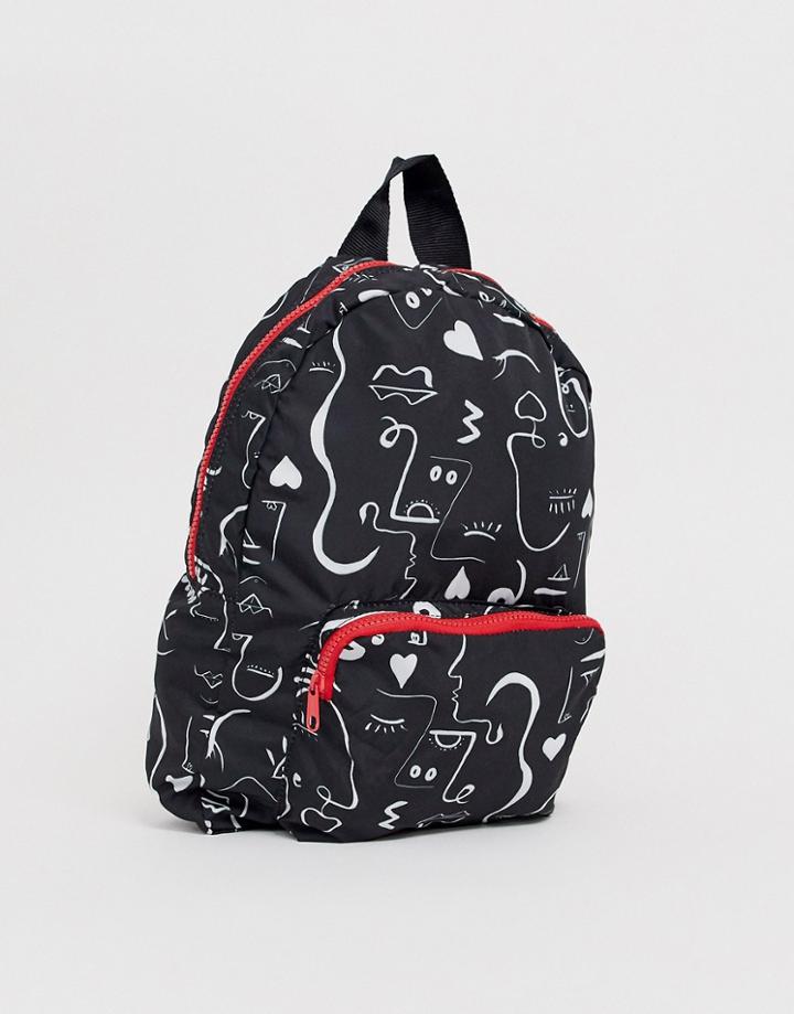 Asos Design Fold Away Backpack In Abstract Face Print - Multi
