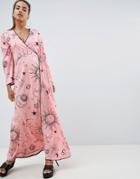 Asos Design Wrap Maxi Beach Dress In Zodiac Print - Multi
