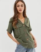 Asos Design Short Sleeve Utility Shirt In Linen Look-stone