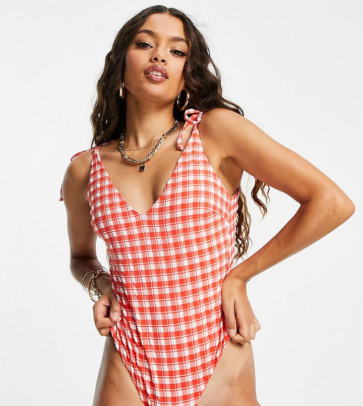 Asos Design Petite Seersucker Swimsuit In Red