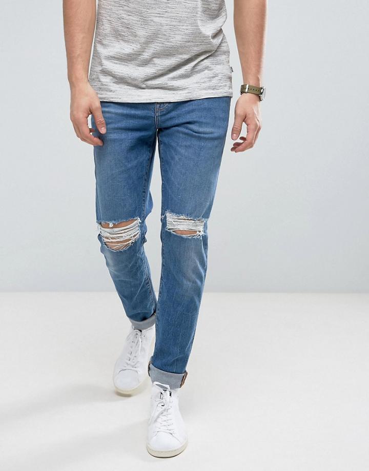Asos Skinny Jeans In 12.5oz Mid Wash Blue With Knee Rips - Blue
