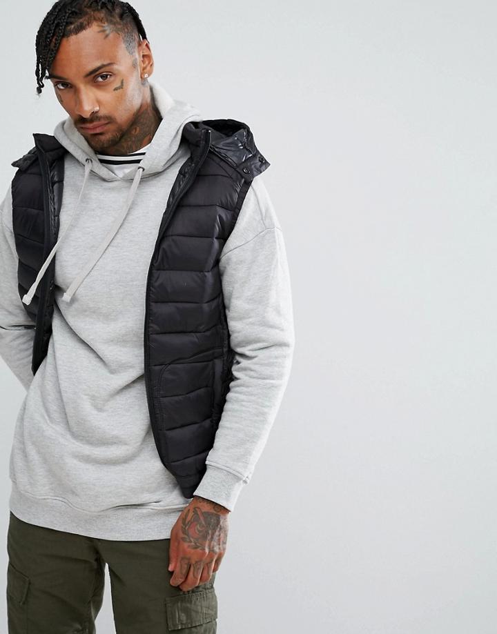 Bershka Padded Vest With Hood In Black - Black