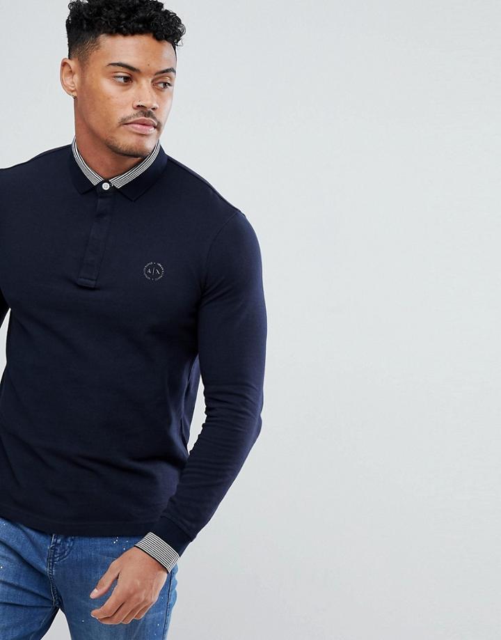 Armani Exchange Slim Fit Tipped Collar Logo Long Sleeve Polo In Navy - Navy
