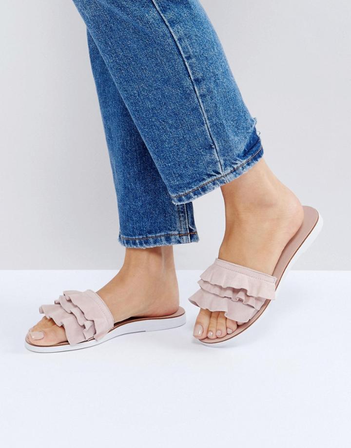 Dune Laria Blush Suede Ruffle Flat Sandals - Pink