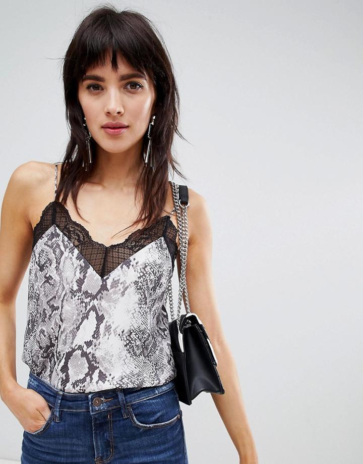 Stradivarius Lace Detail Snake Print Cami - Multi