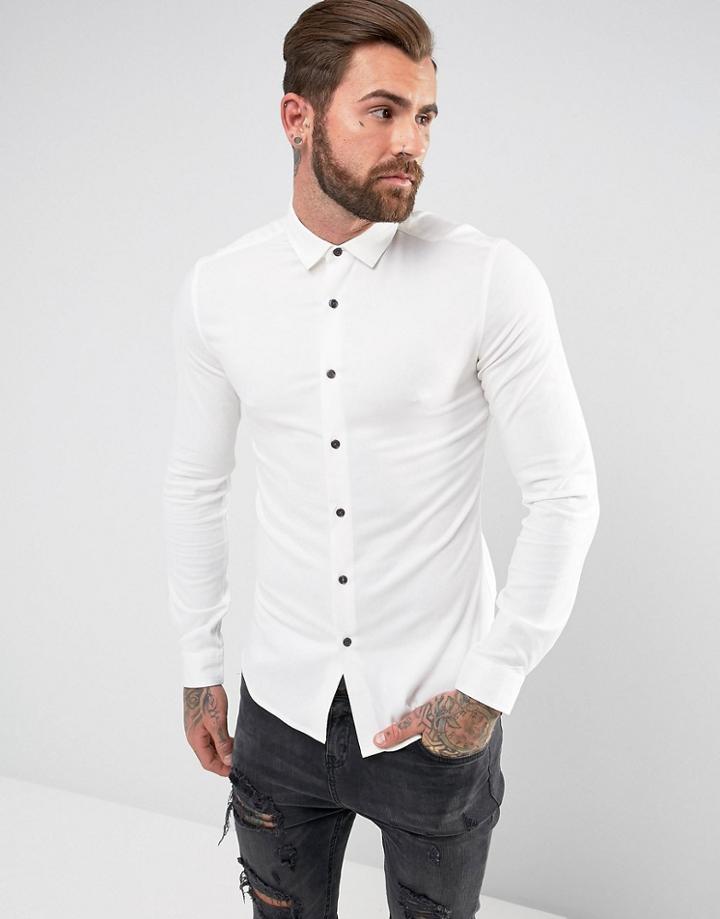 Asos Skinny Stretch Viscose Shirt In White With Contrast Buttons - White