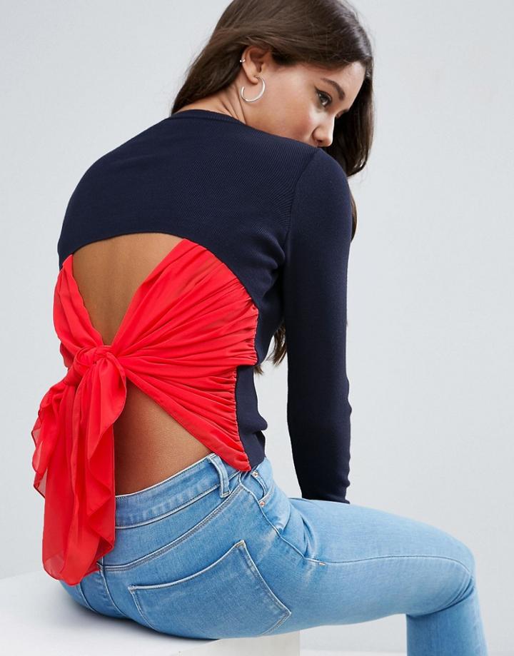 Asos Sweater With Woven Tie Back Detail - Navy