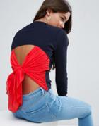 Asos Sweater With Woven Tie Back Detail - Navy