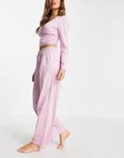 Asos Design Mix & Match Cotton Pyjama Long Sleeve Wrap Top In Pink - Pink
