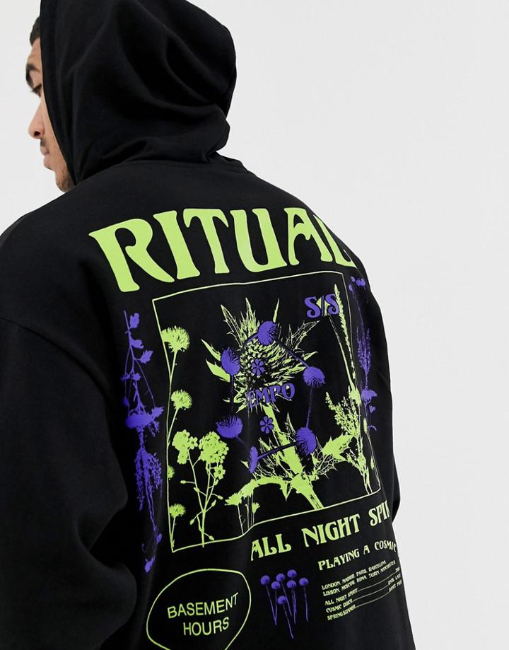 Asos Design Oversized Hoodie With Floral And Text Print In Black - Black