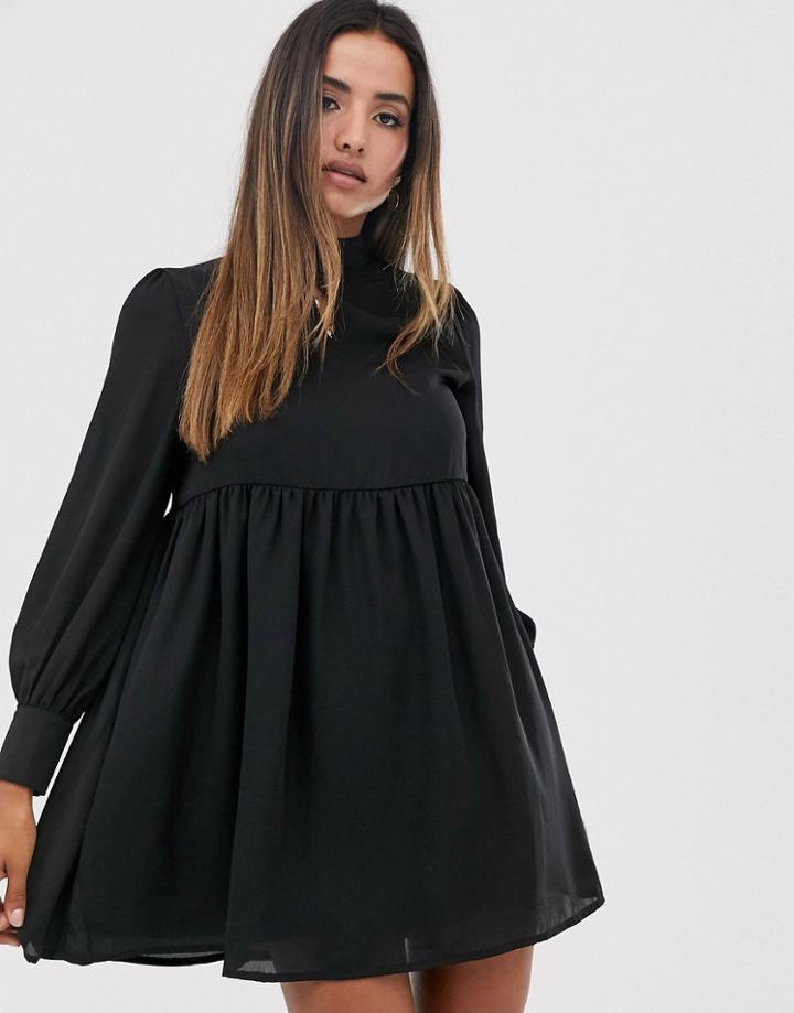 Fashion Union Smock Dress With High Neck And Key Hole Detail-black