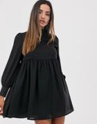Fashion Union Smock Dress With High Neck And Key Hole Detail-black