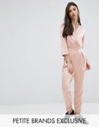 Alter Petite Plunge Neck Tailored Jumpsuit With Tie Detail - Pink