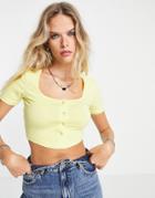 Asos Design Fitted Crop Top With Snap Front In Washed Lemon-yellow