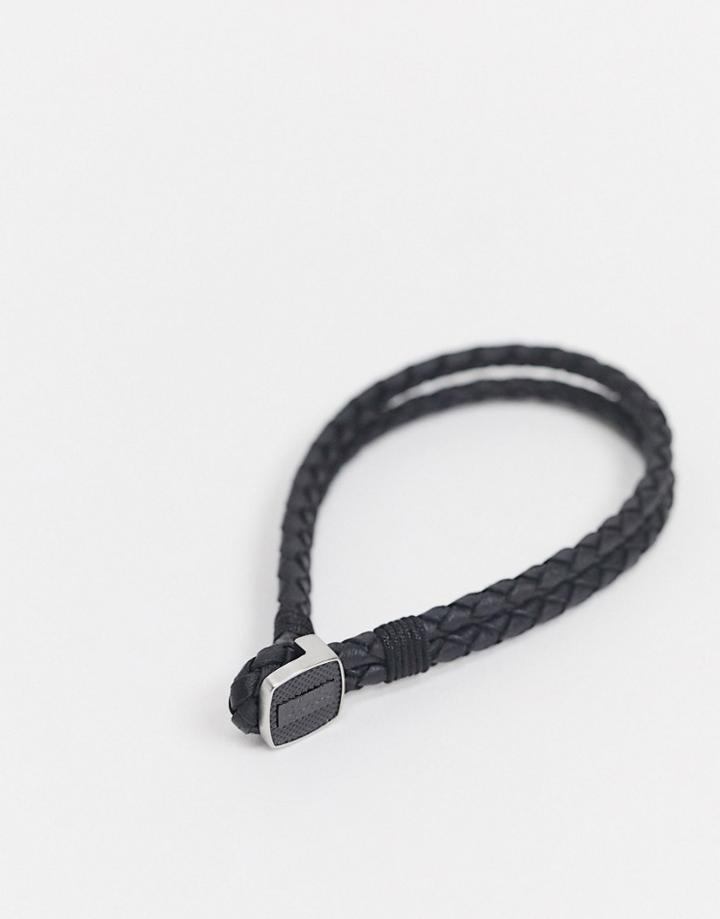 Boss Braided Leather Bracelet In Black With Metal Clasp