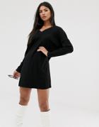 Asos Design Long Sleeve Super Soft Rib V Front V Back Mini Dress-black