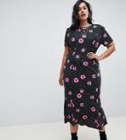 Asos Design Curve City Maxi Tea Dress In Mono Spot Floral - Multi