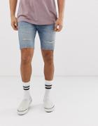 River Island Denim Shorts With Rips In Light Blue Wash - Blue