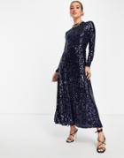 Whistles Long Sleeve Maxi Dress In All Over Blue And Silver Sequins-blues