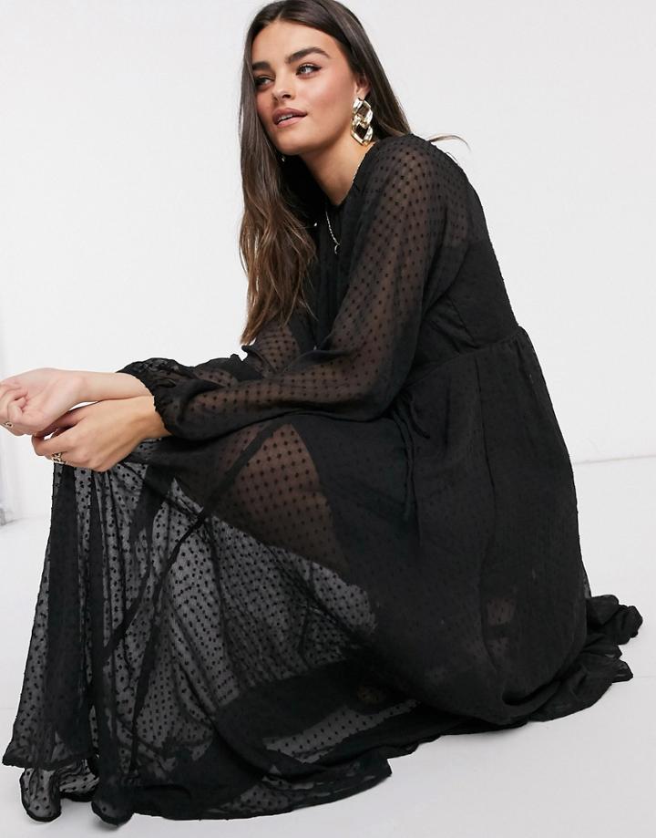 Asos Design Textured Mesh Trapeze Midi Dress With Bubble Sleeves In Black