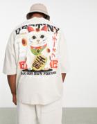 Asos Design Oversized T-shirt In Beige Cotton With Lucky Cat Back Print-neutral