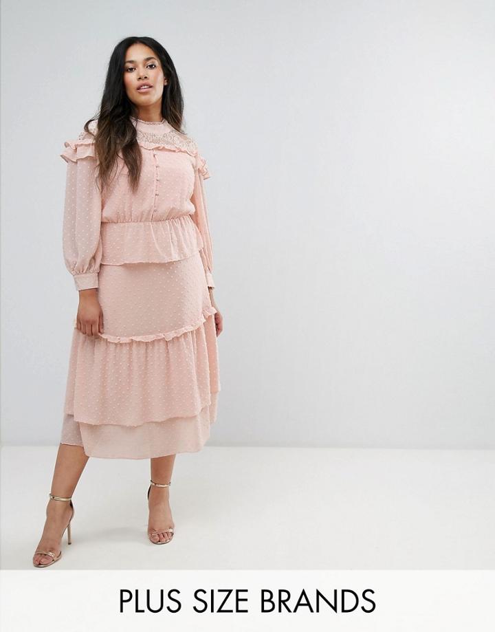 Truly You Victoriana Tiered Midi Dress In Dobby Lace - Pink